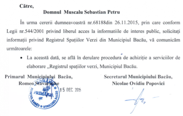 raspuns 544 primaria bacau spatii verzi