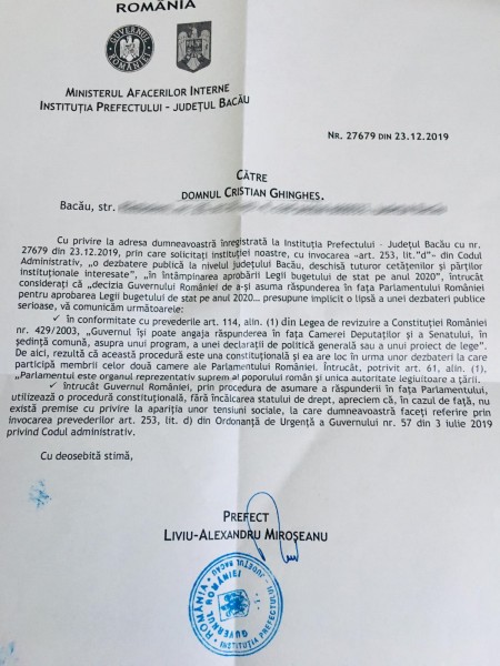 raspuns prefect bacau dezbatere buget guvern orban asumare raspundere